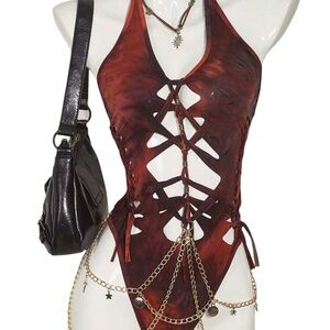 Lace-Up Halter Bodysuit in Rust Brown